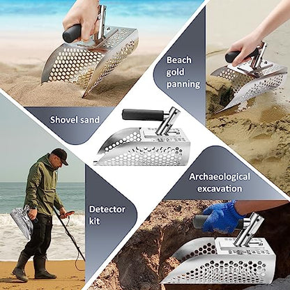 Sand Scoop for Metal Detecting, Heavy Duty Metal Detector Beach Finds Scoop, Stainless Steel Metal Detecting Tool Digging Shovel Fast Sifting Stainless Steel Shovel