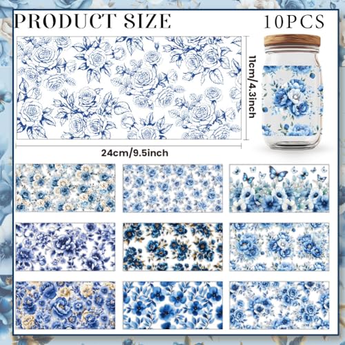 10 Sheets Flower UV DTF Cup Wraps for 16 OZ Glass, Blue Flower Rub on Transfers Waterproof PVC UV DTF Transfer Stickers for DIY Laptop Phone Case Decor - style: Blue Flower