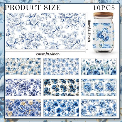 10 Sheets Flower UV DTF Cup Wraps for 16 OZ Glass, Blue Flower Rub on Transfers Waterproof PVC UV DTF Transfer Stickers for DIY Laptop Phone Case Decor - style: Blue Flower
