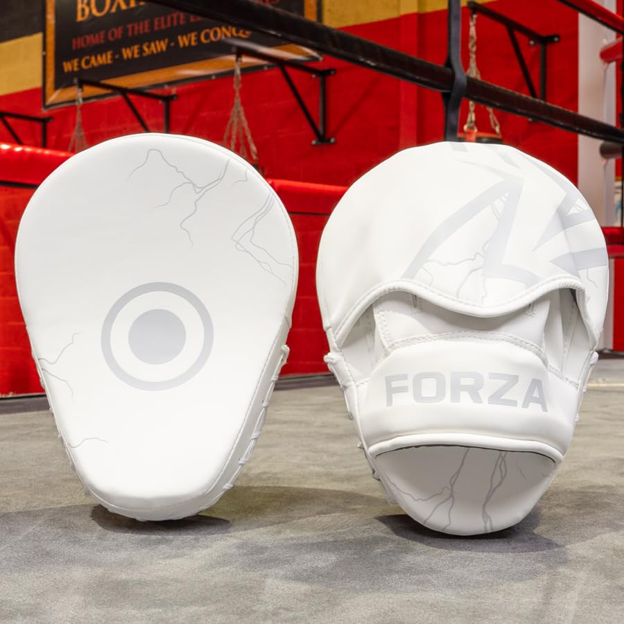 FORZA Boxing Focus Pads | Curved PU Leather Strike Mitts with Shock-Absorbing Foam – Premium Training Gear for Boxing, Kickboxing, and MMA - color: White