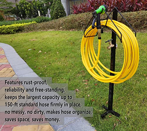 Freestanding Outdoor Garden Hose Holder Stand with Brass Faucet, Heavy Duty Metal Water Hose Reel Storage Stake Rack for Backyard, Black (Hose not Included) - color: Nozzle With Faucet