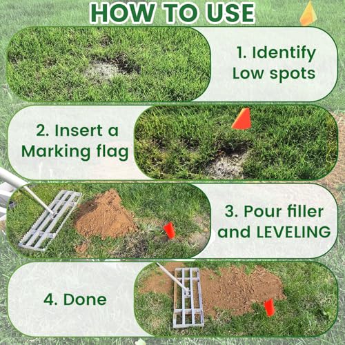 Lawn Leveling Rake, 2-in-1 Double-Sided Landscape Leveler with 20 Marking Flags for Low Spot, 30"×10" Heavy Duty Stainless Steel Flat & Serrated Side for Soil Sand Gravel, Yard Garden Golf Course