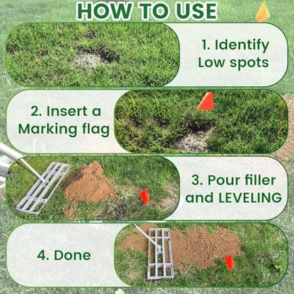 Lawn Leveling Rake, 2-in-1 Double-Sided Landscape Leveler with 20 Marking Flags for Low Spot, 30"×10" Heavy Duty Stainless Steel Flat & Serrated Side for Soil Sand Gravel, Yard Garden Golf Course