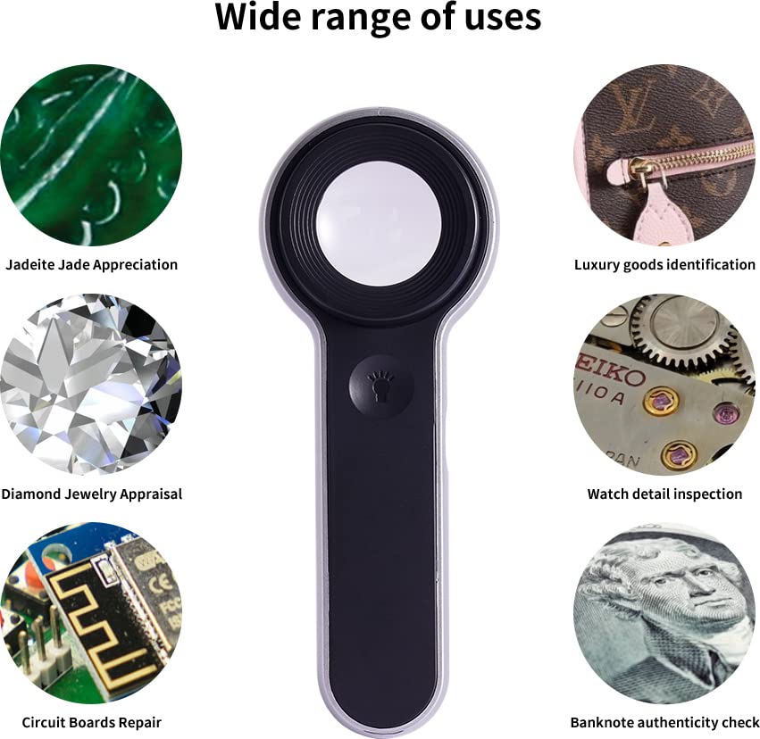 60x Illuminated Rechargeable Magnifier with Dual Coated Lenses, LED/UV Illuminated, Designed for Restoration Jewelry Identification, Close Work, Repair, Gardening, Stamps, Rock Collecting