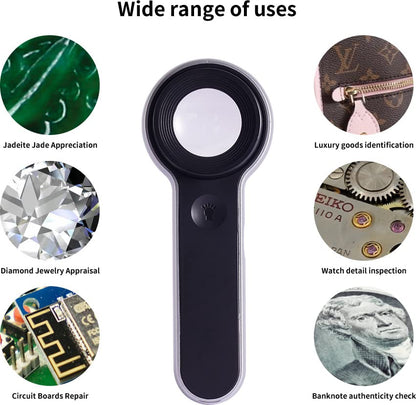 60x Illuminated Rechargeable Magnifier with Dual Coated Lenses, LED/UV Illuminated, Designed for Restoration Jewelry Identification, Close Work, Repair, Gardening, Stamps, Rock Collecting