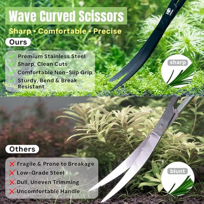 LINLAN 9.8-Inch Aquarium Aquascaping Tool Kit, Fully Rounded Edges Curved Scissors and Tweezers, Carbonized Anti-Rust, for Aquatic Plant Planting, Layering Shaping & Daily Maintenance - size: Matte Black