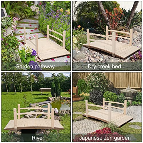 VINGLI 4 ft Garden Bridge, Arch Walkway Wooden Bridge with Safety Rails Natural Finished, Decorative Landscaping Footbridge for Koi Pond, Dry Creek Bed, Garden Pathway or Japanese Zen Decor