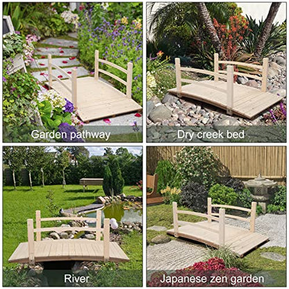 VINGLI 4 ft Garden Bridge, Arch Walkway Wooden Bridge with Safety Rails Natural Finished, Decorative Landscaping Footbridge for Koi Pond, Dry Creek Bed, Garden Pathway or Japanese Zen Decor