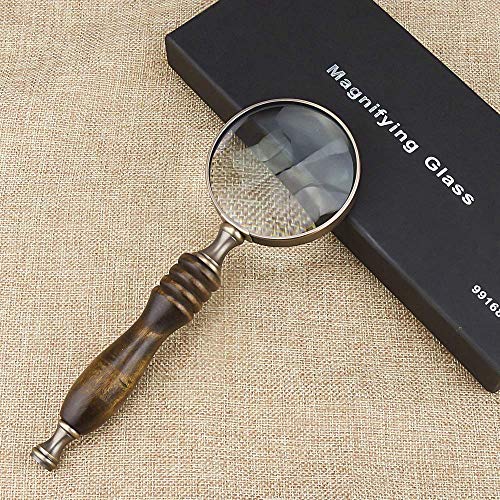 10X Handheld Magnifying Glass Antique Copper Magnifier with Sandawood Handle,High Magnification Magnifier for Reading, Senior, Low Vision, Map, Inspection, Handcraft Hobby
