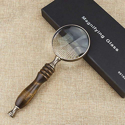 10X Handheld Magnifying Glass Antique Copper Magnifier with Sandawood Handle,High Magnification Magnifier for Reading, Senior, Low Vision, Map, Inspection, Handcraft Hobby