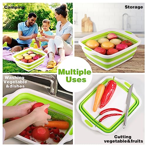 2 Pack Collapsible Cutting Board, Foldable Dish Tub with Draining Hole, Portable Chopping Board with Colander, 3 in 1 Multifunction Camping Sink for Washing Dish, Bowl, Vegetables and Fruit - color: White/Green and White/Grey