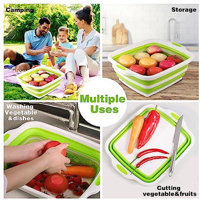 2 Pack Collapsible Cutting Board, Foldable Dish Tub with Draining Hole, Portable Chopping Board with Colander, 3 in 1 Multifunction Camping Sink for Washing Dish, Bowl, Vegetables and Fruit - color: White/Green and White/Grey