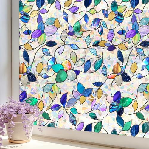 Finnez Stained Glass Window Privacy Film Decorative Rainbow Static Clings – No Glue, UV Blocking & Heat Control for Home Office, Colorful Leaf 17.5" x 78.7" - color: Colorful Leaf, size: 17.5 x 78.7 inch