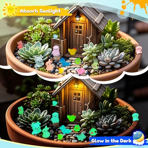 Tardigrade 200pcs Luminous Mini Resin Animals, Tiny Mini Animal Figures to Hide, Miniature Figurines Glow in The Dark Variety Micro Landscape for Potted Plants Garden Aquariums Dollhouse Gift Package