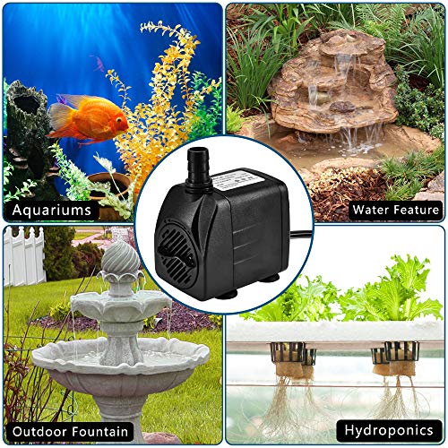 220GPH Ultra Quiet Fountain Pump (15W 800L/H), Small Submersible Pump for Pond, Water Feature, Aquariums, Fish Tanks, Hydroponics, Indoor or Outdoor Fountain (AC Powered)