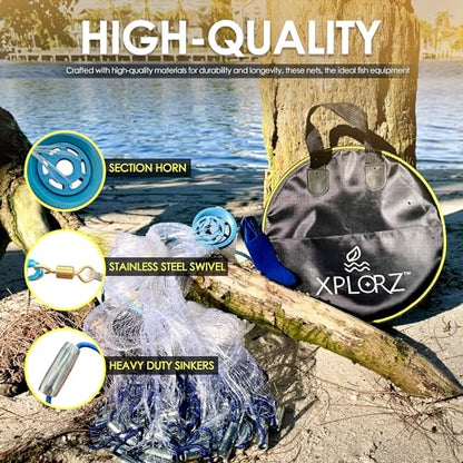American Cast Fishing Net for Bait Trap Fish: 4ft/ 6ft/ 8ft Sizes for Saltwater & Freshwater Fishing - Enhanced with Heavy-Duty Zinc Sinker Weights - size: Large
