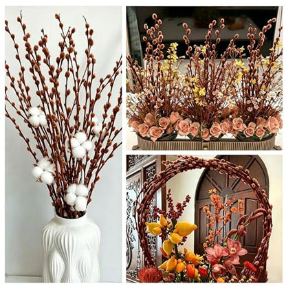 Natural Preserved Dried PussyWillow Branches for Vases, 20 Stems Real Willows, 17” Snow Pussywillows, Dried Flowers for Indoor Decor, Wedding Home DIY Floral Art Plants Fireplace, Brown