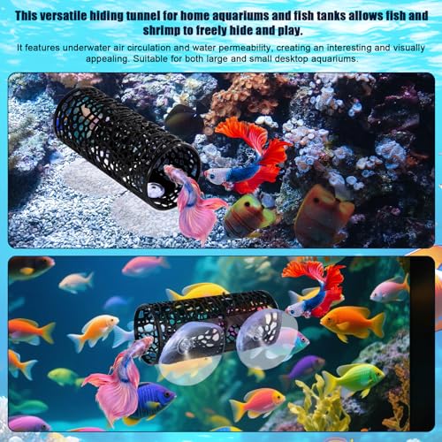 2pcs Betta Fish Tunnels, Black Aquarium Hammock Hideout Cave with 4 Suction Cups Safe Small Hole Hollow Design for Small Fish Shrimp Guppies Betta Tank Accessories & Decor