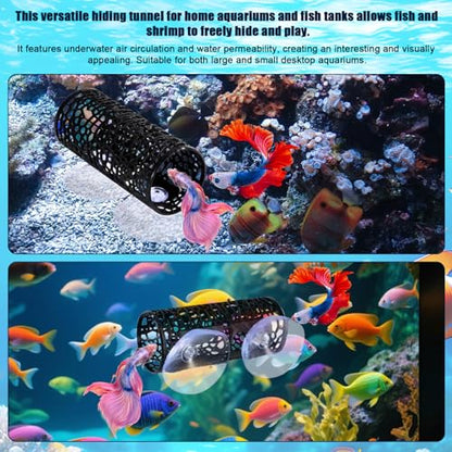 2pcs Betta Fish Tunnels, Black Aquarium Hammock Hideout Cave with 4 Suction Cups Safe Small Hole Hollow Design for Small Fish Shrimp Guppies Betta Tank Accessories & Decor