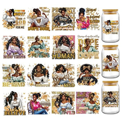 UV DTF Tumbler Wrap - 16 Sheets Personalized Black Girl UV DTF Cup Wraps for 16 oz Glass Cups, Motivational Quotes Black Women Transfer Stickers Decals DIY Water Bottle Mug Craft Decorations