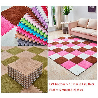 12 Pieces Thickened Plush Foam Interlocking Floor Mat,Fluffy Square Foam Tiles with 12 Edgings,Soft Anti-Slip Puzzle Area Rug Playmat for Bedroom,12X12inch,12 Tiles/11.6 Sq.Ft,Pink - color: Pink