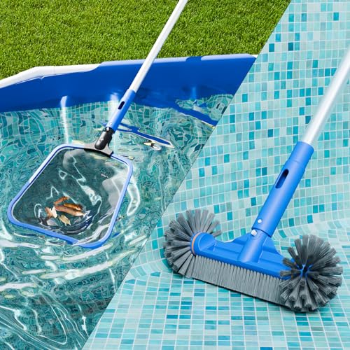 Deluxe Swimming Pool Cleaning Kit Including Half-Deep Fine Mesh Pool Leaf Skimmer Net,12" Round Pool Brush Head & 70.5" Pole, for Above Ground Pools,Ponds,Spas,Hot Tubs