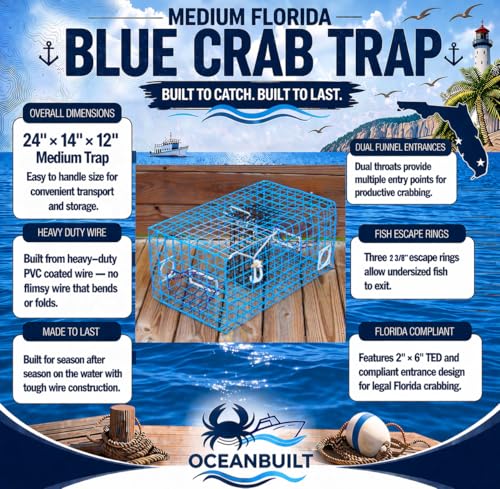 Florida Medium Blue Crab Trap – 24 x 14 x 11 Crab Pot for Recreational Crabbing – Two-Throat Entry Fishing Trap – PVC Coated Wire Saltwater Crab Trap - style: FL Medium Crab Trap Only
