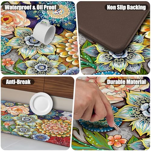 Boho Floral Kitchen Rugs Mats for Floor 2 Piece Memory Foam Padded Kitchen Mats Anti Fatigue Non Slip Cushioned Comfort Standing Mat, 17.3x28+17.3x47 Inch