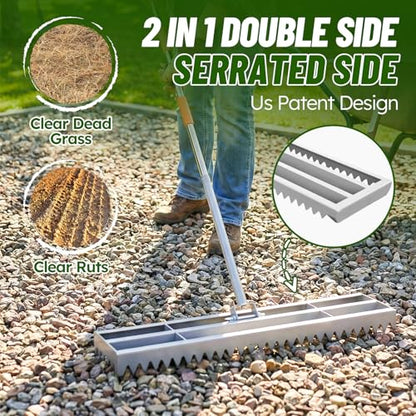 Lawn Leveling Rake, 2-in-1 Double-Sided Landscape Leveler with 20 Marking Flags for Low Spot, 30"×10" Heavy Duty Stainless Steel Flat & Serrated Side for Soil Sand Gravel, Yard Garden Golf Course