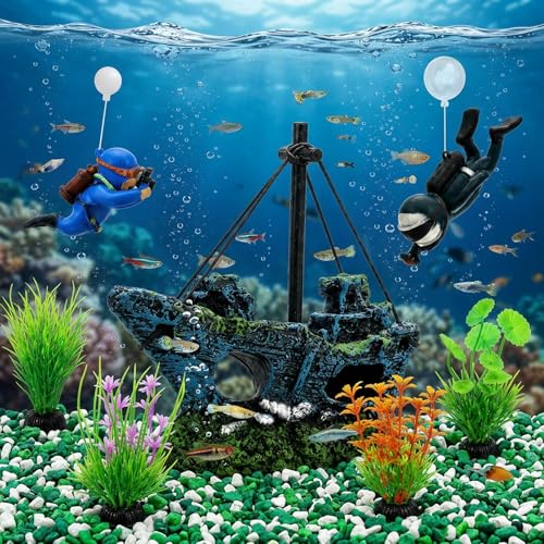 Fish Tank Decor, 7 Pcs Aquarium Decorations Set with Shipwreck Decoration, Little Diver and Fish Tank Plants, Betta Fish Tank Accessories for Visual Enhancement