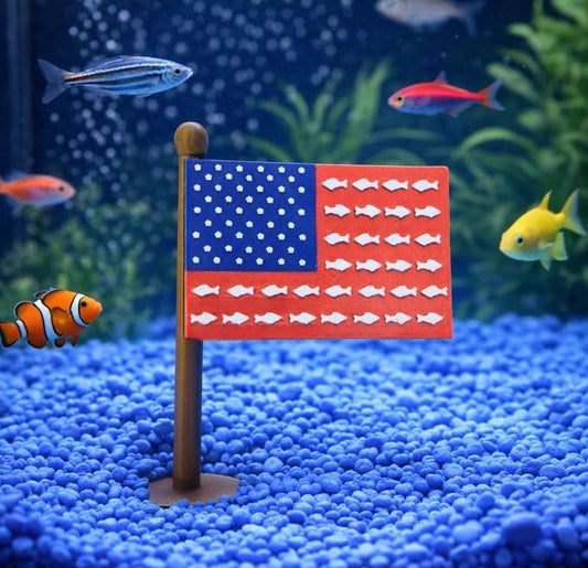 Aquarium Decor American Flag with Fish Design, Fish Tank Decorations and Accessories, 4th of July Theme, PLA Material, Red White and Blue