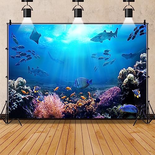 12x8ft Underwater World Backdrop for Photography Aquarium Seabed Rocks Lights Coral and Fishes Tropical Ocean Scene Under The Sea Background Kids Party Decoration Banner Photobooth Props - size: 12x8ft