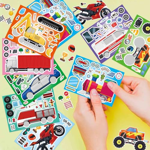 DUJAA 24 Sheets Vehicle Stickers for Kids, Make Your Own Police Car, Ambulance, Truck, Train, Motorcycles Engineering Vehicle Stickers for Toddlers, Brithday Party Supplies Classroom Teacher Reward - style: Vehicle