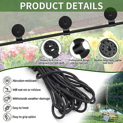 50PCS Shade Cloth Plastic Clips Heavy Duty Lock Grips with Rope, Round Plastic Black Clips Sunshade Net Fixing Clip, Shade Fabric Clips for Bird Netting, Garden Netting (50PCS+Nylon Rope) - style: 50PCS + Nylon Rope