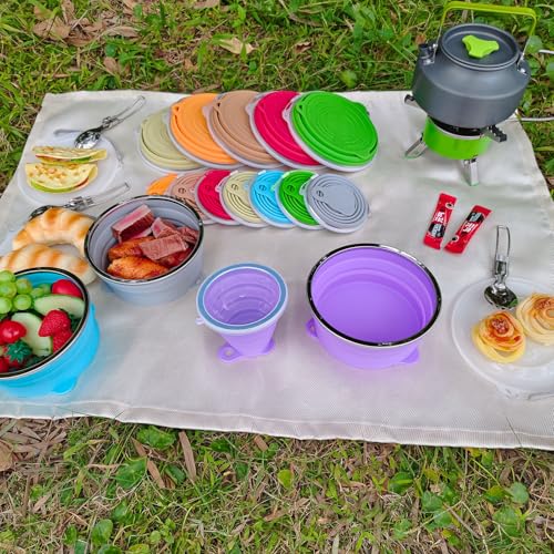 Mess Kit for Camping Silicone Collapsible Bowl Collapsible Cup and Stainless Steel Spoon for Backpacking Outdoor Hiking Traveling and Picnic - color: Purple