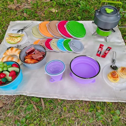 Mess Kit for Camping Silicone Collapsible Bowl Collapsible Cup and Stainless Steel Spoon for Backpacking Outdoor Hiking Traveling and Picnic - color: Purple