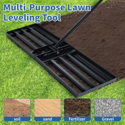 Lawn Leveling Rake 30"x10" - Heavy Duty Stainless Steel Lawn Leveler Tool with 5FT Long Handle, Smooth Edge Soil Leveler for Dirt, Sand, Grass, Backyard & Garden Landscaping