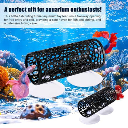 2pcs Betta Fish Tunnels, Black Aquarium Hammock Hideout Cave with 4 Suction Cups Safe Small Hole Hollow Design for Small Fish Shrimp Guppies Betta Tank Accessories & Decor