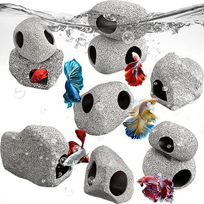 10 Pieces Aquarium Hideaway Rock Cave Stackable Fish Tank Decorations for Aquatic Pets to Breed, Play and Rest, Ceramic Shelters for Small Fish, Betta Cave Shrimp Habitat, Breeding Tube (Rustic)