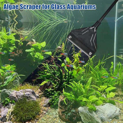 Algae Scraper for Glass Aquariums - 24.5 Inch Rigid Long Handle Aquarium Razor Scraper Tool, Screw-Locked Fish Tank Cleaner with 10 Stainless Steel Blades & Hex Wrench, Optimized for Flat Glass - size: 24.5inch