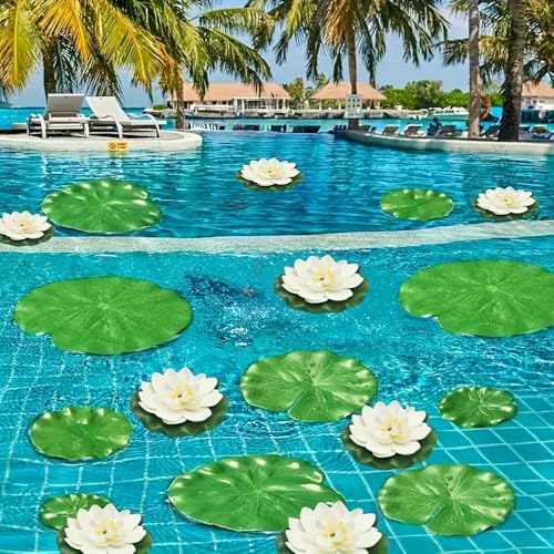 12pcs Floating Foam Lotus Flowers with Lily Pads, Artificial Pond Plants Ornaments for Pool Aquarium Water Decoration, White