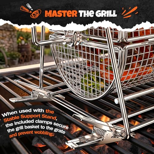 2-in-1 Rolling Grill Basket with Dual Handles, 304 Stainless Steel Rotatable BBQ Basket with Crank Handle & Straight Grip Handle, Grill Net for Vegetables, Shrimp & More, Gift Idea for Men, Dad, Husband