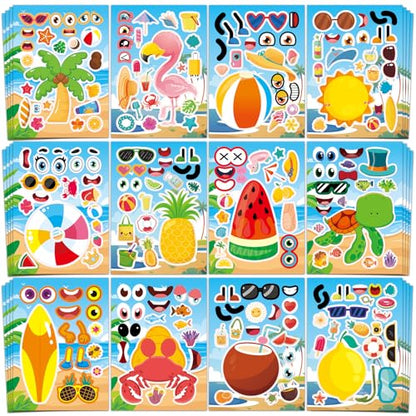 48 Sheets Summer Fun Make-a-Face Sticker Set for Kids – Create Your Own Faces with Beach, Tropical & Animal Stickers – Ideal Summer Crafts, Party Favors & Creative Activities - style: Summer Vibe