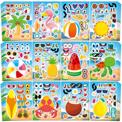 48 Sheets Summer Fun Make-a-Face Sticker Set for Kids – Create Your Own Faces with Beach, Tropical & Animal Stickers – Ideal Summer Crafts, Party Favors & Creative Activities - style: Summer Vibe