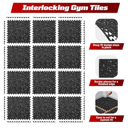 Interlocking Exercise Equipment Mats, 0.56" Thick 12 Tiles (48 Sq Ft) - Rubber Top Gym Flooring with High Density EVA Foam, Heavy Weight Workout Mats for Home GymFloor Protection,Black/White - size: 48 Sq Ft (12 Tiles)