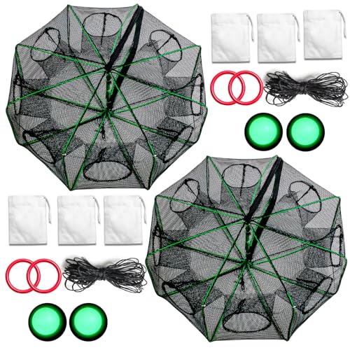 Fishing Bait Trap Crab Trap Minnow Traps, Foldable Net for Blue Crabs Lobster Shrimp Crawfish with Rope and Crabbing Equipment - color: Black-2 Pack, size: 8 Holes-25.5" x 9.4"