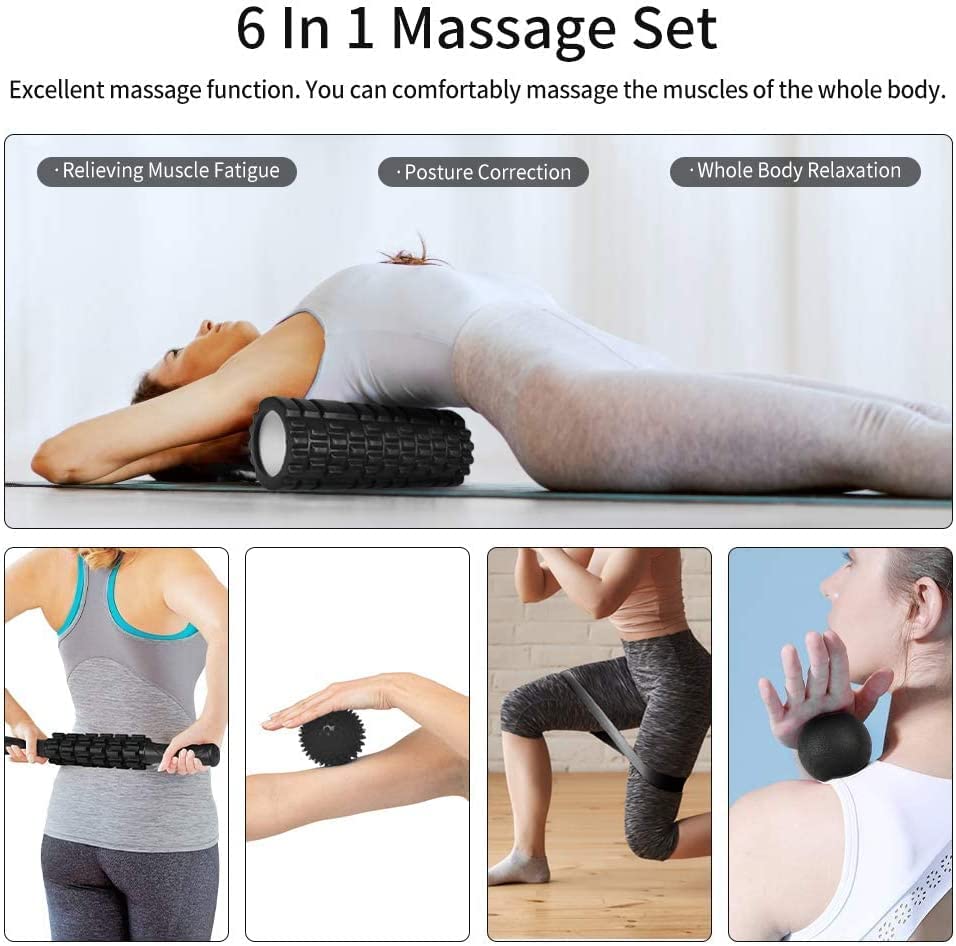 Aucuu 6 in 1 Foam Roller Set Includes Hollow Core Massage Roller, Yoga Stick, Massage Ball, Fitness Stretching Strap, Carrying Bag, Towel, Massage Roller (Black) - color: Black