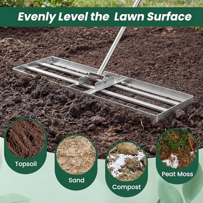 Goplus 36" x 10" Lawn Leveling Rake, Effort-Saving Landscape Lawn Tool with Ergonomic Handle for Soil, Garden, Backyard, Golf Course, Farm, and Pasture, Black (Sliver) - color: Sliver