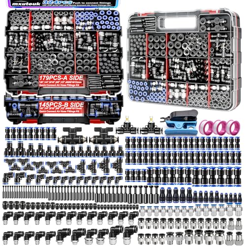 mxuteuk 324PCS Air Line Quick Connect Fittings,1/8",1/4",5/16",3/8",1/2",4/6/8/10mm OD Push to Connect Fittings,Quick Connect Air Hose Fitting,Quick Release Pneumatic Kit