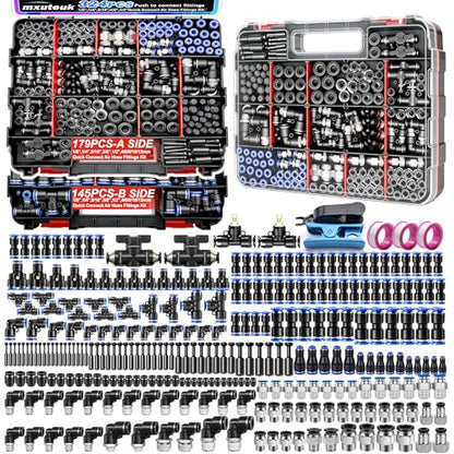mxuteuk 324PCS Air Line Quick Connect Fittings,1/8",1/4",5/16",3/8",1/2",4/6/8/10mm OD Push to Connect Fittings,Quick Connect Air Hose Fitting,Quick Release Pneumatic Kit